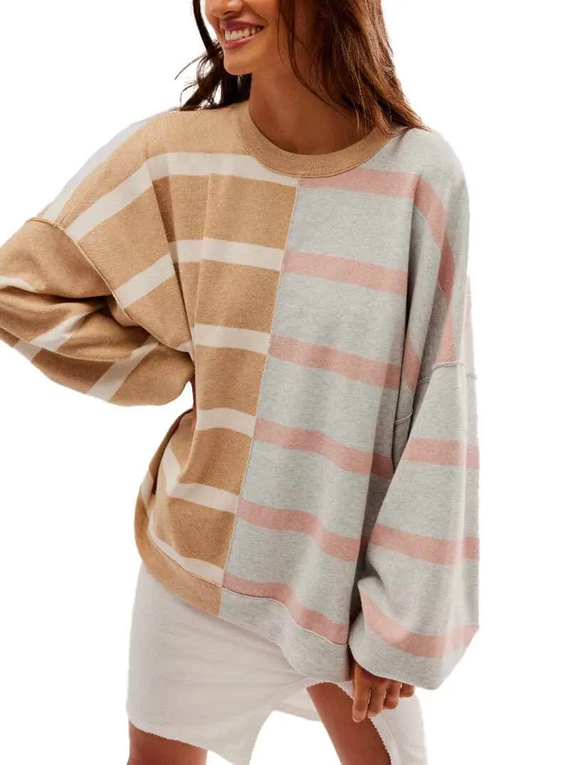 Free People Uptown Stripe Pullover Camel Grey Combo / L