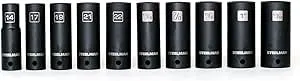 Steelman 10-Piece 1/2-Inch Drive Deep Impact Grade Thin Wall Socket Set with Wall Mount Storage, Includes 14mm, 17mm, 19mm, 21mm, 22mm, 13/16", 7/8", 15/16", 1", and 1-1/16", Laser-Etched