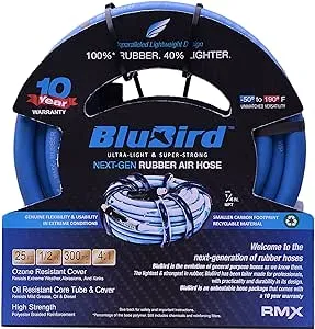 BLUBIRD BB1225 1/2" x 25' Rubber Air Hose, 100% Rubber, Lightest, Strongest, Most Flexible, 300 PSI, 50F to 190F Degrees, Ozone Resistant, High Strength Polyester Braided