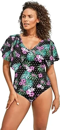 Swim 365 Women's Plus Size Flutter-Sleeve One-Piece