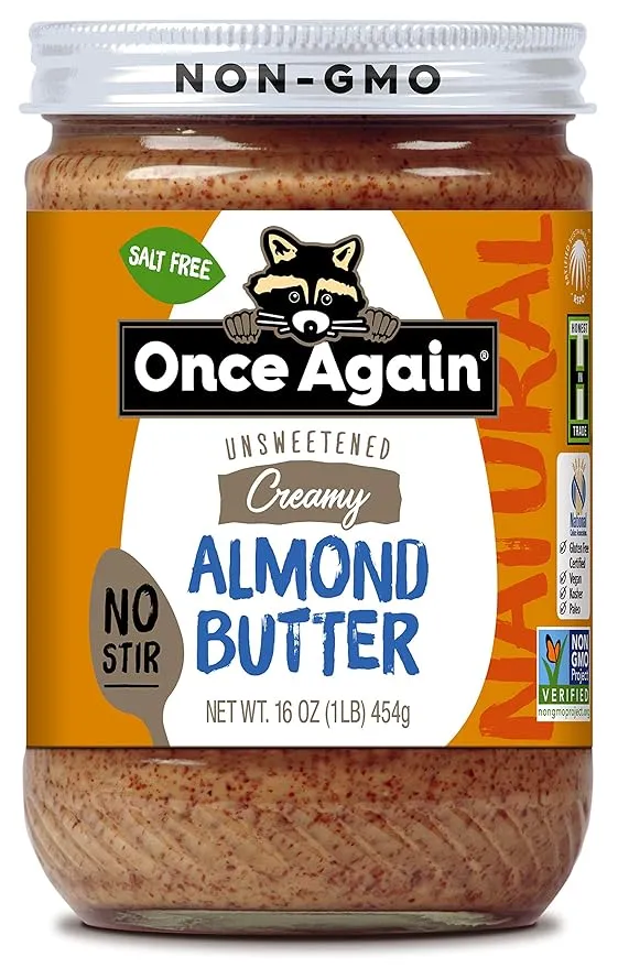 Once Again Natural Creamy Almond Butter, 16oz - No Stir - Salt Free, Unsweetened - Gluten Free Certified, Peanut Free, Vegan, Kosher, Paleo - Glass Jar