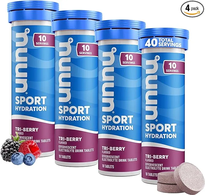 Nuun Sport Electrolyte Tablets - Dissolvable in Water, Tri Berry, 5 Essential Electrolytes for Hydration, 1g Sugar Drink Mix, Vegan, Non-GMO, 4 Pack (40 Total Servings)