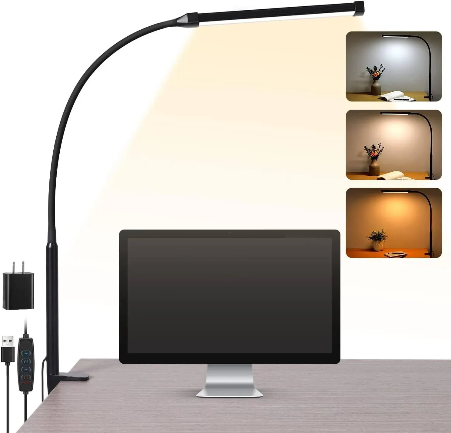 1pc LED Desk Lamp With Clamp, Eye-* Clip On Lights For Home Office, 3 * 10 *, Long Flexible Gooseneck, Metal, Swing Arm * Task Table Lamps With USB Adapter, Black