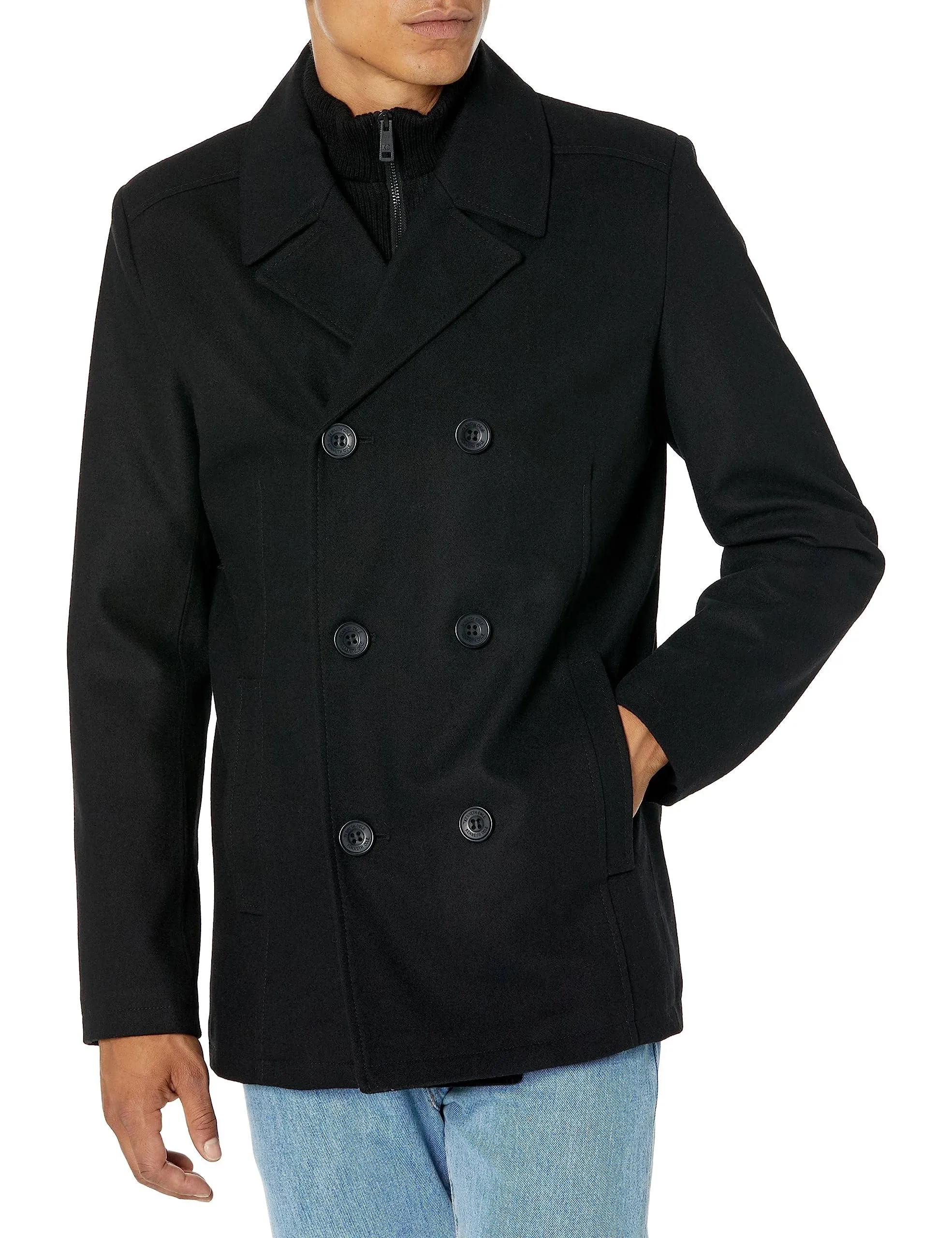 Kenneth Cole Men&#039;s Double Breasted Wool Blend Peacoat Medium Bib Black Coat