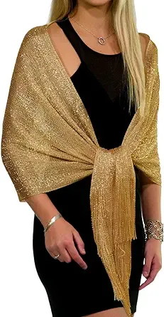 ShineGlitz Shawls and Wraps for Evening Dresses, Metallic Sparkle Womens Wedding Gold Shawl