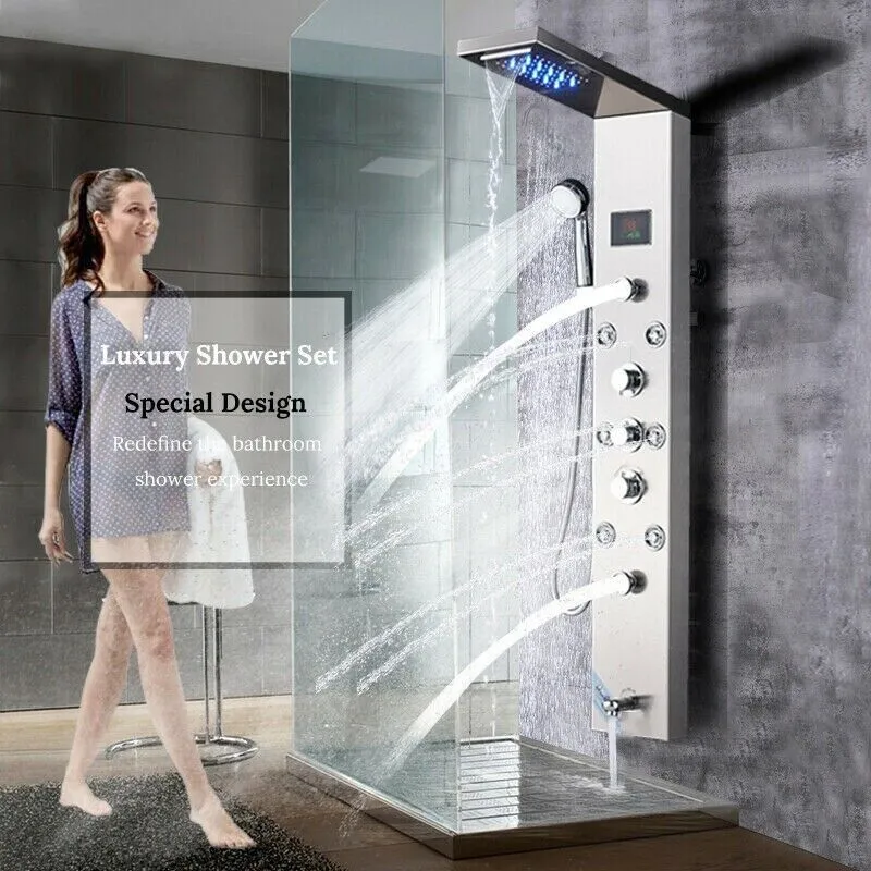 LED Shower Panel Tower System Rain&amp;Waterfall Massage Jets W/Hand Shower Black