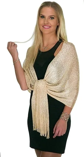 ShineGlitz Shawls and Wraps for Evening Dresses, Metallic Sparkle Womens Wedding Light Yellow Champagne Shawl