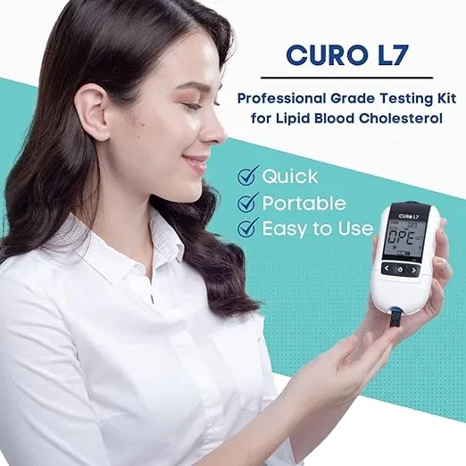 CURO-L7 Professional Grade Blood Cholesterol Testing with Home KIT - All-in-One Test Device, Test Strips 5ea, Lancets, and EziTube Rod Included