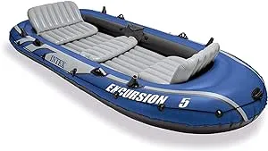 Intex Excursion Heavy Duty 5 Person Inflatable Rafting and Fishing Boat Set with 2 Oars, Air Pump, and Carry Bag for Lakes and Mild Rivers, Blue