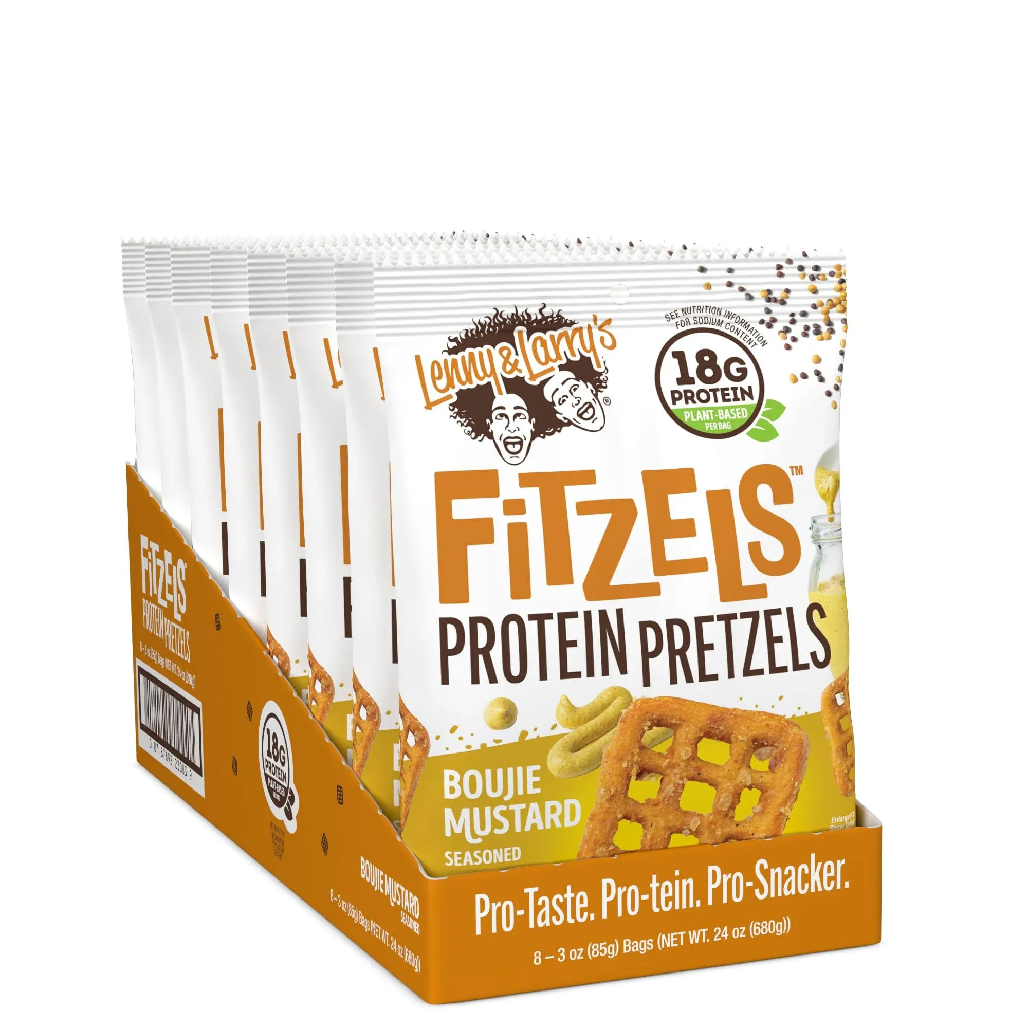 Lenny & Larry's Boujie Mustard FITZELS- Savory Pretzel Snacks Incredibly Tasty, High Protein, Salty, Vegan, Kosher 20 g's of Plant Based Protein 8 (eight) Bags, 3 oz Each