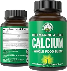 Plant Based Calcium - Red Marine Algae Calcium Supplement with Vitamin C, D3, K, Magnesium, and Whole Food Vegetable Blend. Vegan Capsules for Bones and Joints. 120 Calcium Pills, Tablets