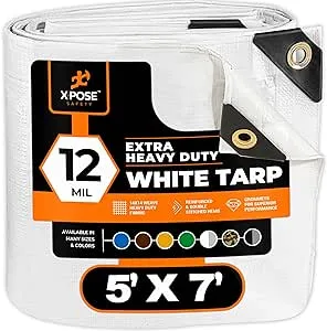 Heavy Duty White Poly Tarp 5' X 7' - Multipurpose Protective Cover - Durable, Waterproof, Weather Proof, Rip and Tear Resistant - Extra Thick 12 Mil Polyethylene - by Xpose Safety