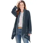 Floriana Women's Floral Embroidered Velvet Kimono - Boho Open Front Cardigan - Gray - Medium