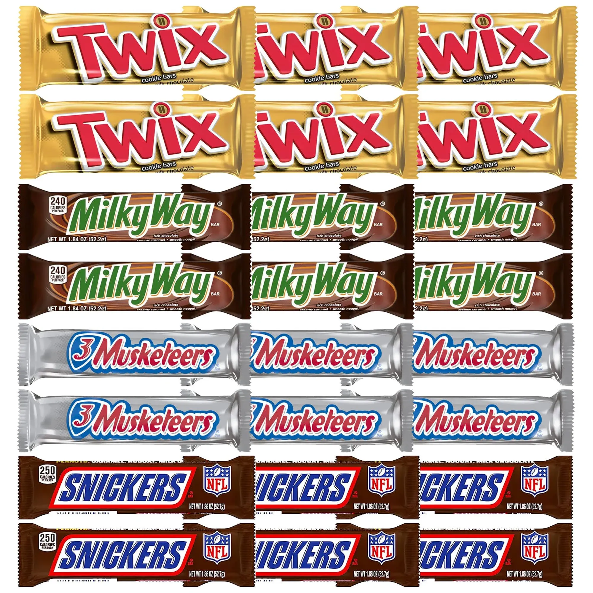 Snickers, Twix, Milky Way & 3 Musketeers Individually Wrapped Variety Pack Full Size Milk Chocolate Candy Bars Bulk Assortment, 24 Bars, Men's