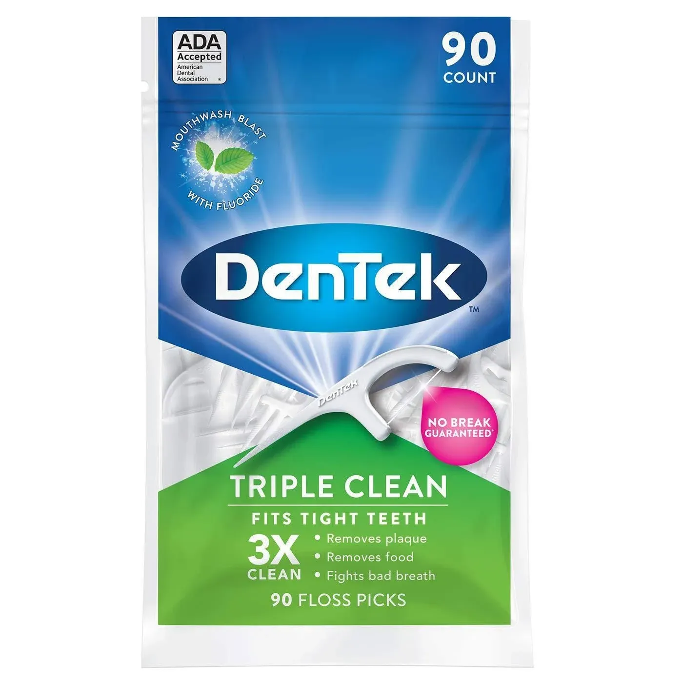 Dentek, Dentek Triple Clean Floss Picks, Fresh Mint 90 each