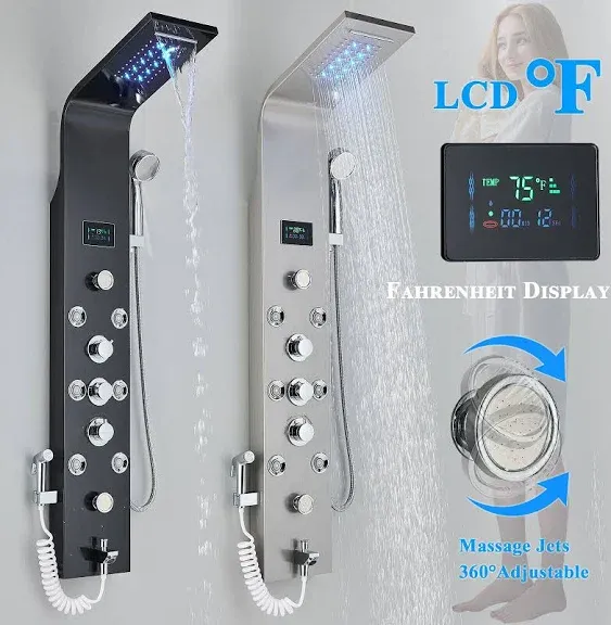 Stainless Steel LED Rain&amp;Waterfall Shower Panel Tower Massage Body Jets System