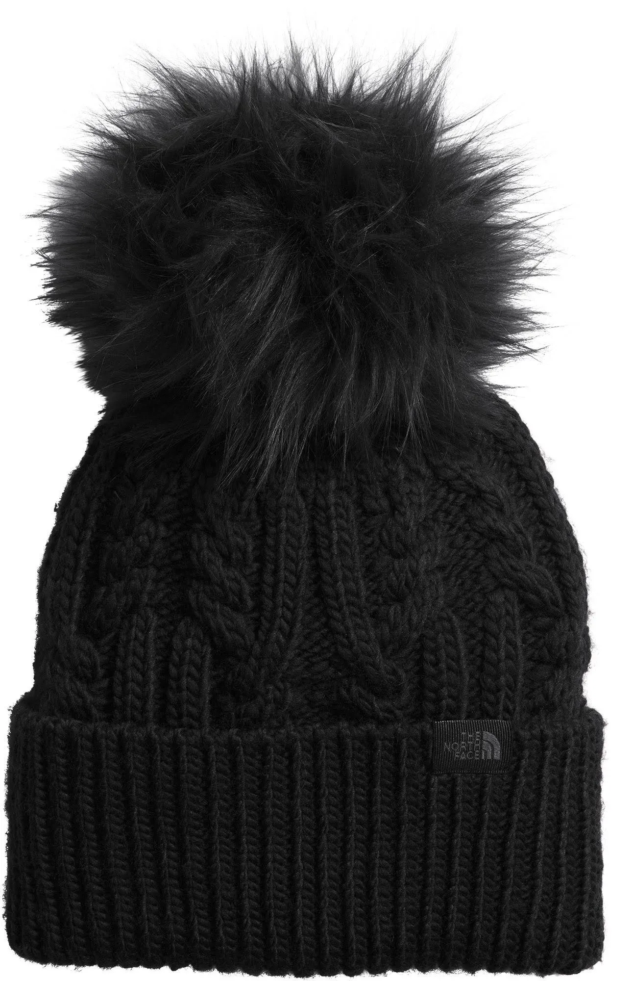 The North Face Womens OH mega pom faux fur beanie cable knit hat black