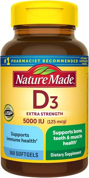 Nature Made Extra Strength Vitamin D3 5000 IU (125 mcg), Dietary Supplement for Bone, Teeth, Muscle and Immune Health Support, 180 Softgels, 180 Day Supply