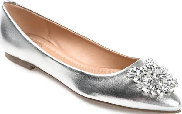 Brinley Co. Womens Faux Leather Pointed Toe Jewel Flats Silver, 7 Regular US