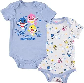 Pinkfong Baby Shark Mommy Daddy Infant Baby Boys 2 Pack Short Sleeve Bodysuits Blue Heather/White 6-9 Months