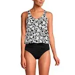 Lands' End Women's Chlorine Resistant V-Neck One Piece Fauxkini Swimsuit Faux Tankini Top - Medium - Black Havana Floral