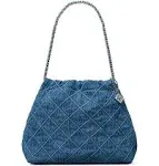 TORY BURCH Fleming soft denim chain link strap drawstring shoulder bag - Blue