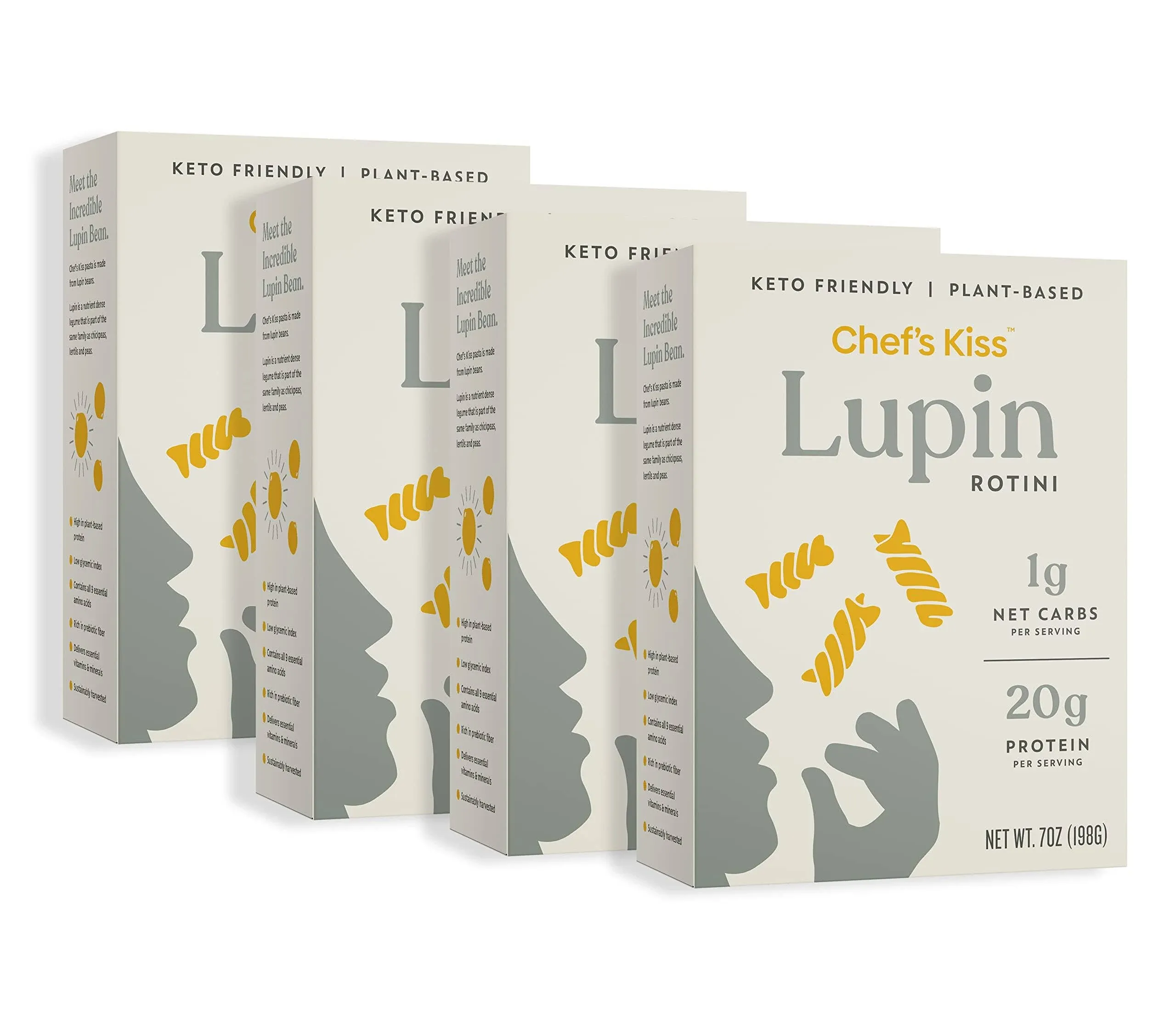 Chef’s Kiss Low Carb Lupin Rotini Pasta – Low Net Carb (1g), High Protein (20g) – Gluten Free, Keto Friendly, High Fiber, Plant-Based, and crafted from Lupins – 7 oz (4 Pack)