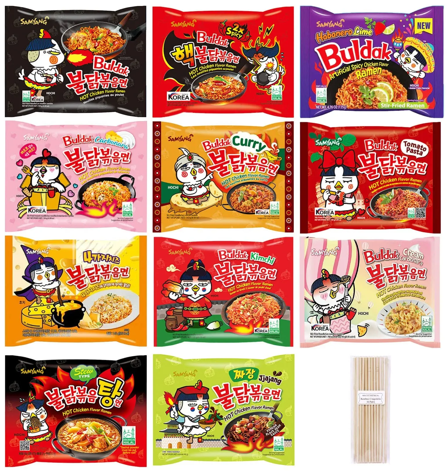 Samyang Spicy Hot Chicken Ramen 11 Flavor Variety Pack - FREE Chopsticks - Ko...