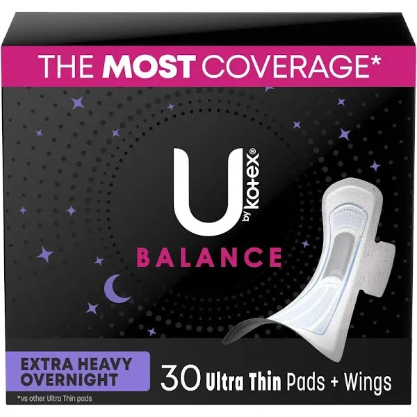 U by Kotex Balance Ultra Thin Overnight Pads with Wings - 26 ct