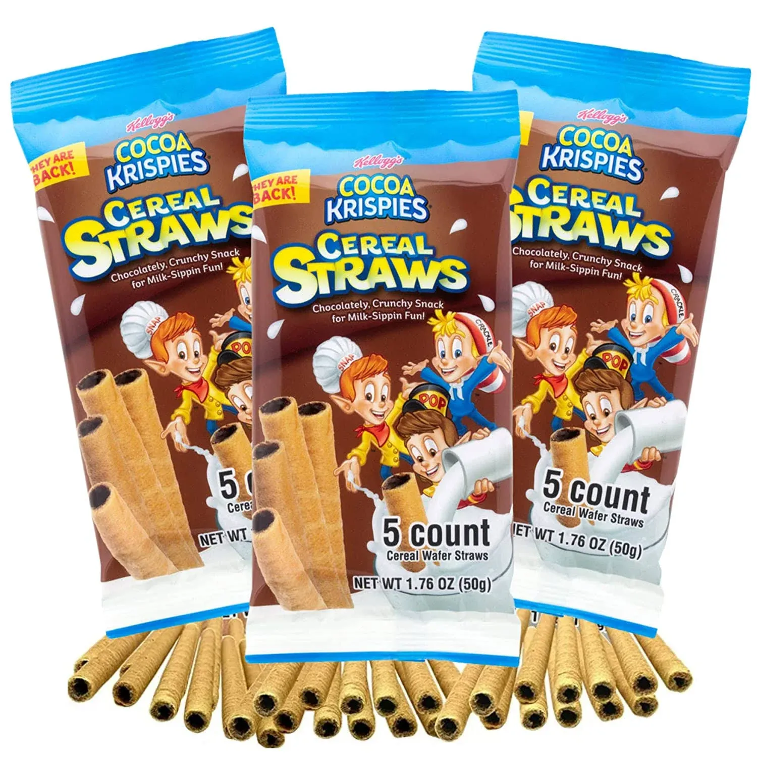 Chocolate Krispies Cereal Straws, Edible Straw Alternatives for Milk, Nostalgic Childhood Breakfast Treat, Pack of 3, 5 Count Each