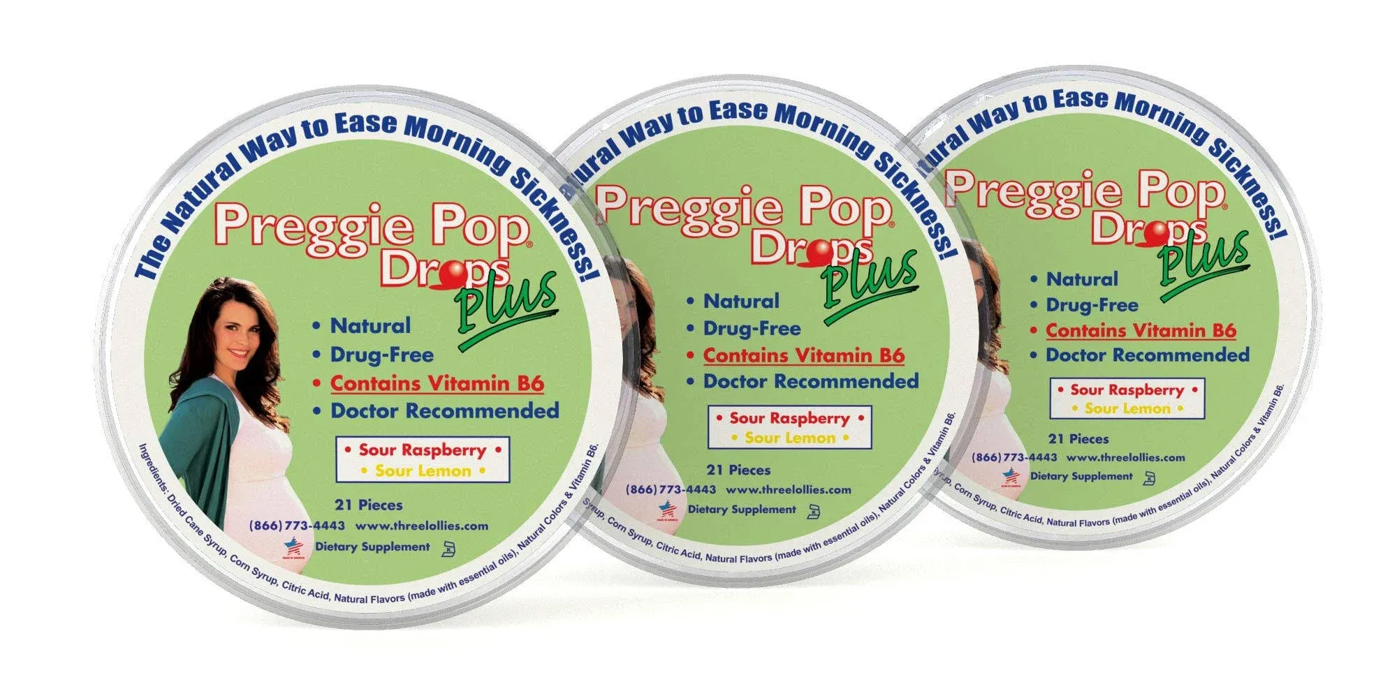 Three Lollies' 'Preggie Pop Drops Plus | 21 Drops Each | Vitamin B6 for Morning Sickness During Pregnancy | Safe for Pregnant Mom & Baby | Gluten Free