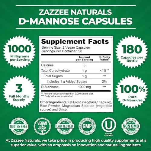 Zazzee D-Mannose 1000 mg per Serving, 180 Vegan Capsules, 3 Month Supply, Potent & Fast-Acting, Natural Cleansing Support Urinary Tract Health, 100% Pure, Non-GMO, All-Natural, Made in The USA