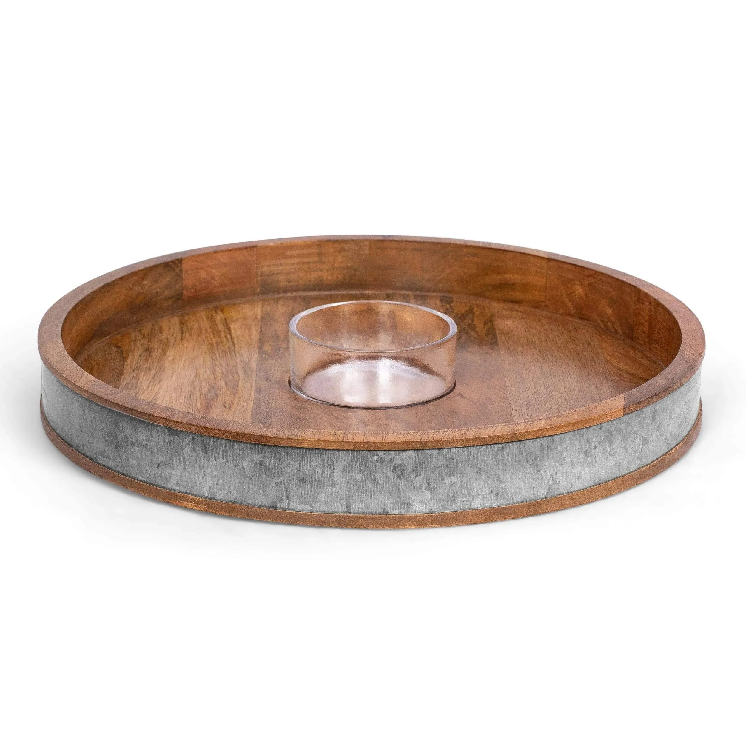 BirdRock Home Wooden and Iron Chip and Dip Serving Tray with Glass Dip Bowl