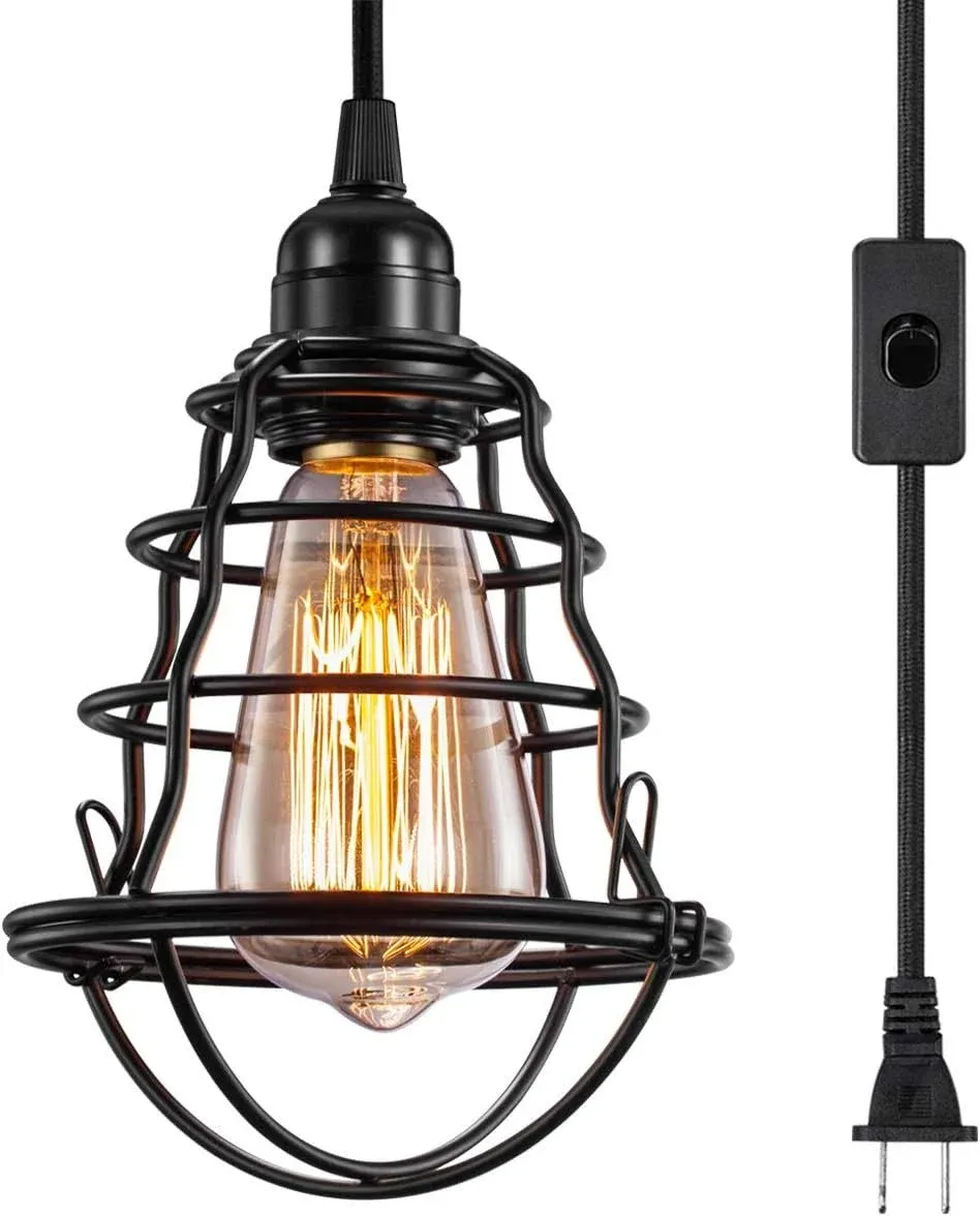 asnxcju Industrial Plug in Pendant Light, Vintage Hanging Cage Pendant Light with Plug in Cord, Farmhouse E26 E27 Edison Pendant Lighti Light3