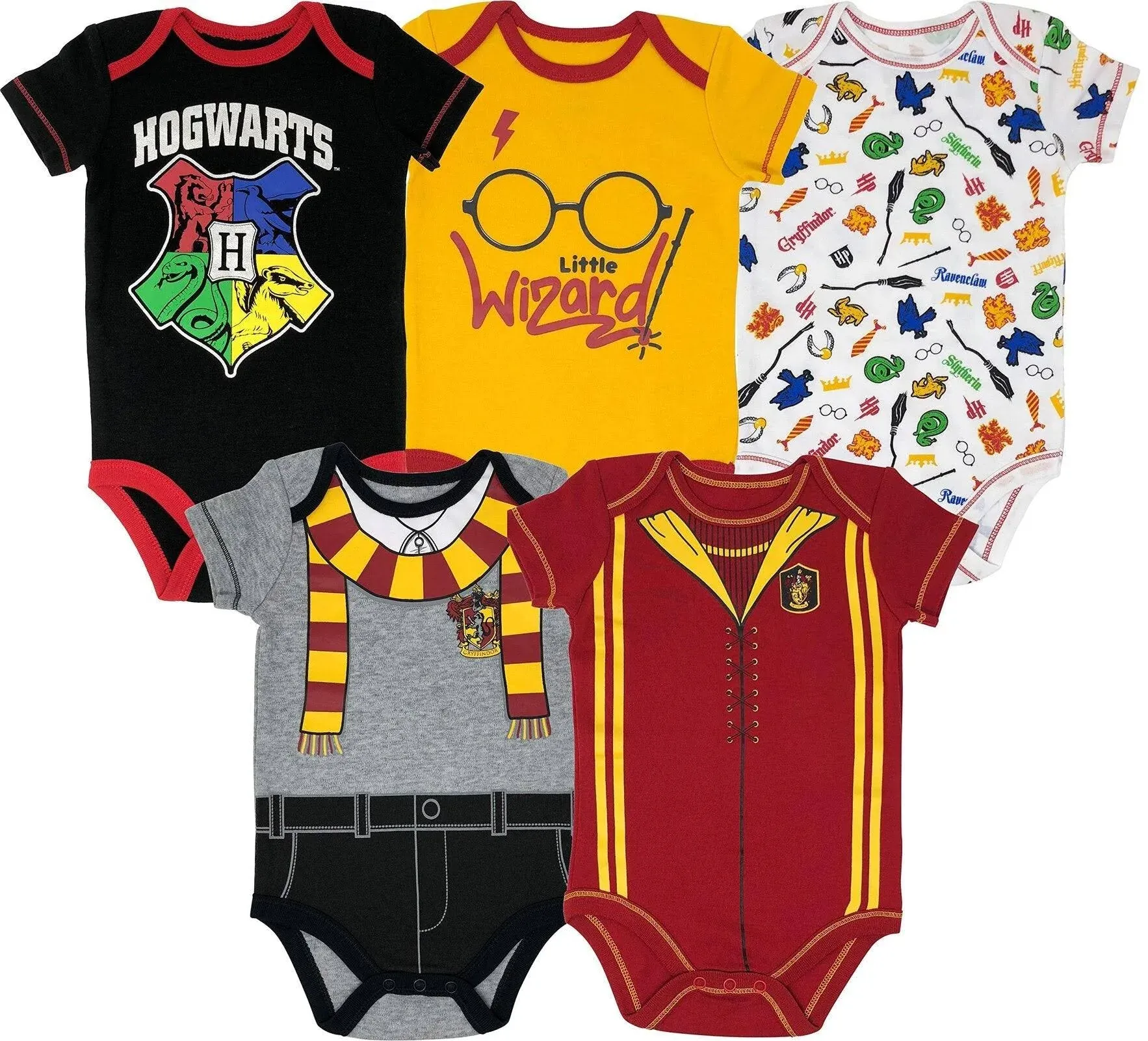 Warner Bros. Harry Potter Baby Boys' 5-Pack Bodysuits Hogwarts Gryffindor Newborn