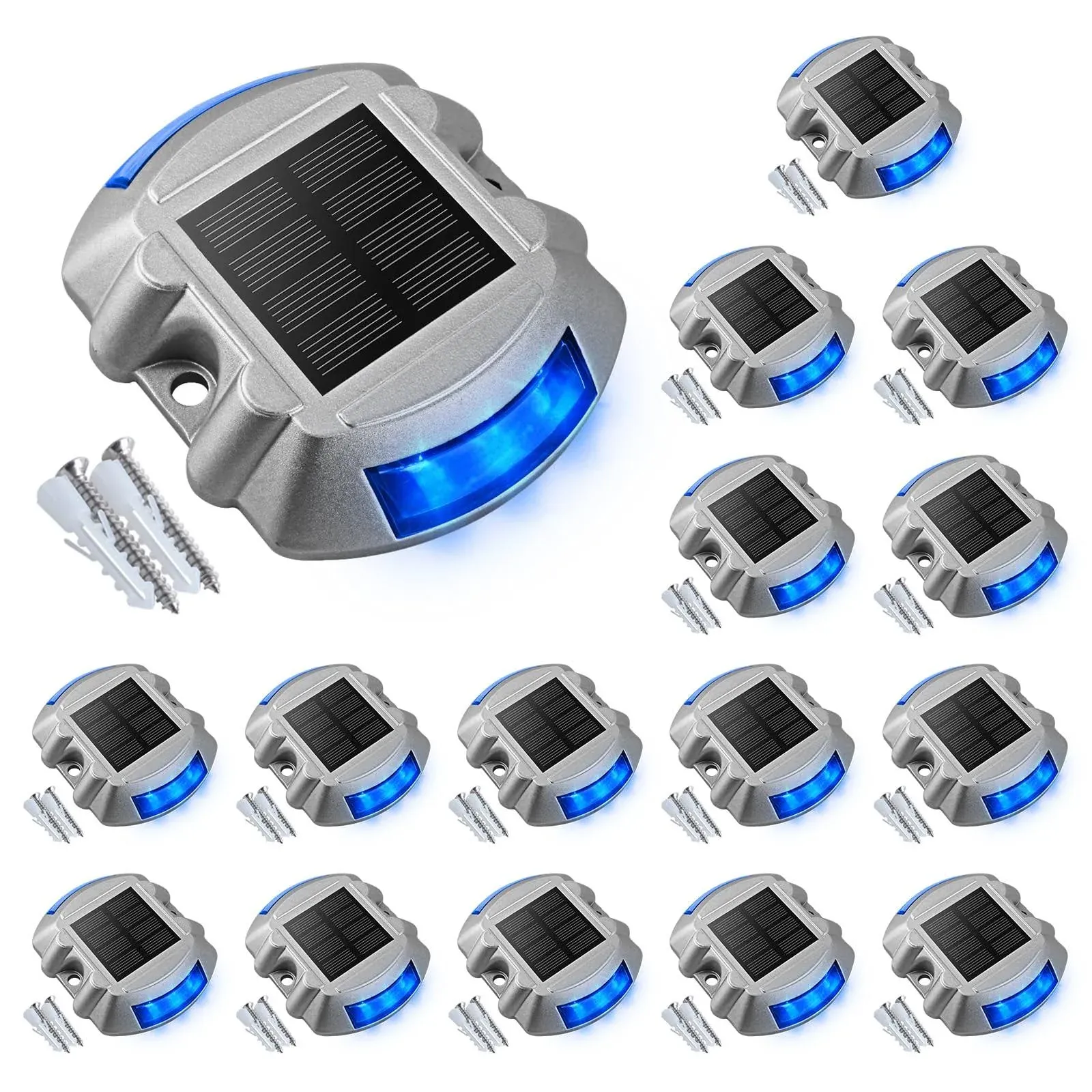 VOLISUN Solar Deck/Dock Lights, 16-Pack Led IP67 Waterproof Outdoor Warning Step Lights for Driveway Sidewalk Garden Pathway Yard (Blue)