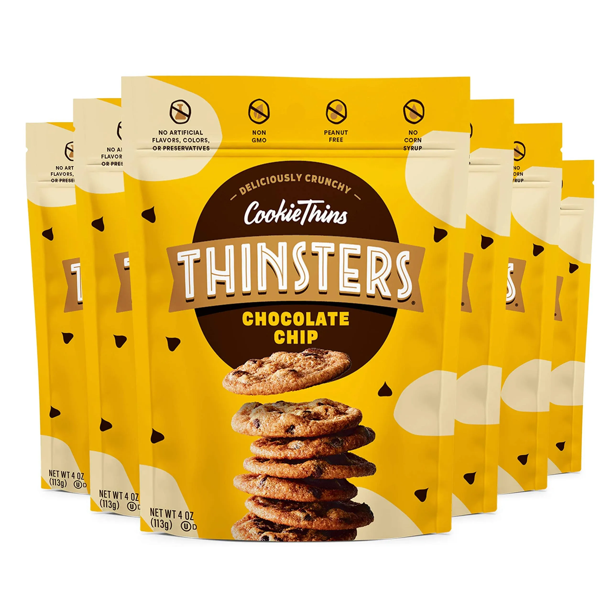 Thinsters Crunchy Thin Snack Cookies, Chocolate Chip, 4 oz (Pack of 6)