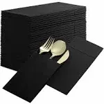 BloominGoods Disposable Linen-Feel Dinner Napkins with Built-in Flatware Pocket, 50-Pack Black Prefolded Cloth Like Paper Napkins for Dinner, Wedding