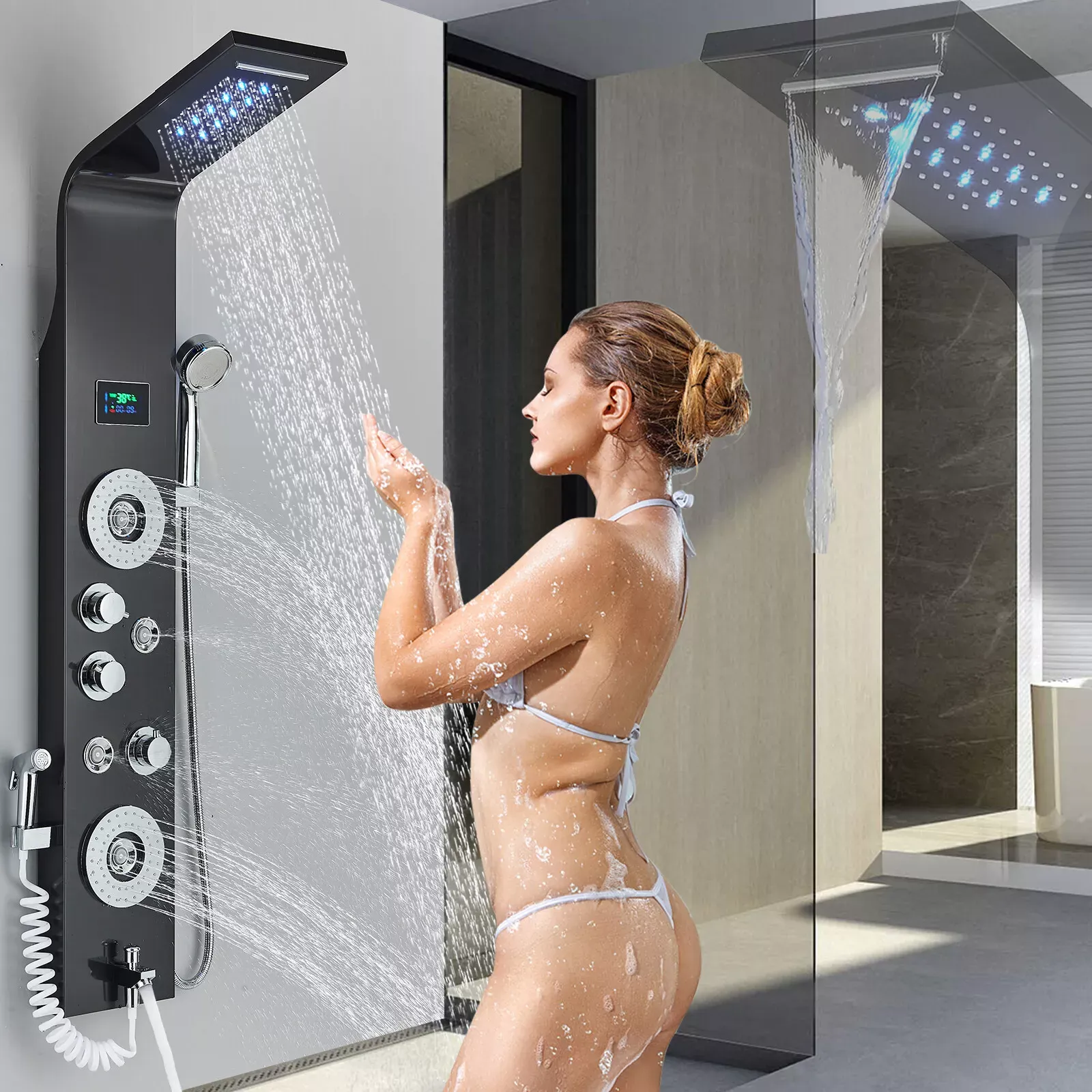 Black Shower Panel Tower System LED Rainfall&amp;Water<wbr/>fall Massage Body Jets Sprayer