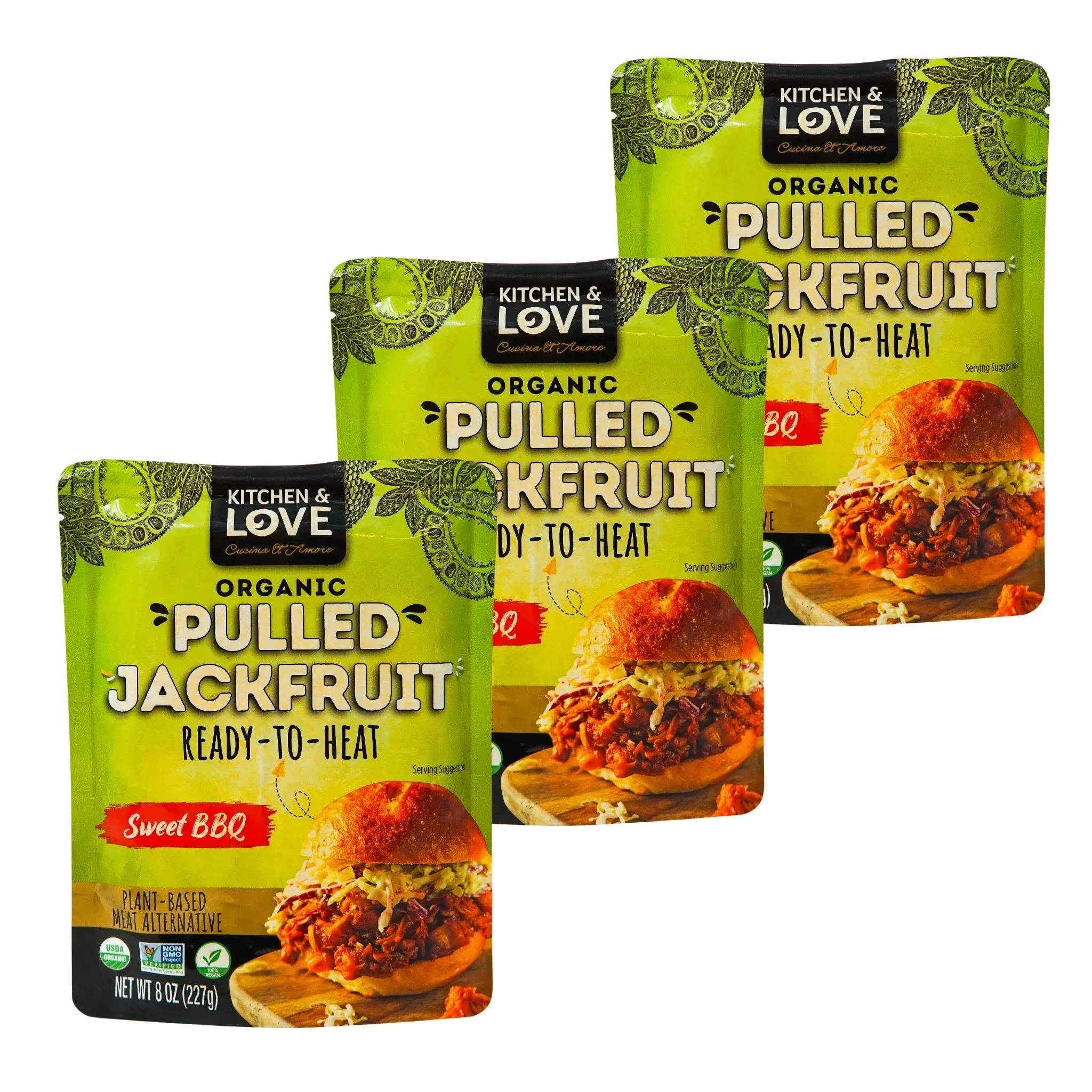 Kitchen and Love, Jackfruit Sweet BBQ, Organic, Fully Cooked, Versatile Plant Based Meat Alternative, Gluten Free, Ready in 90 Seconds, High in Fiber,