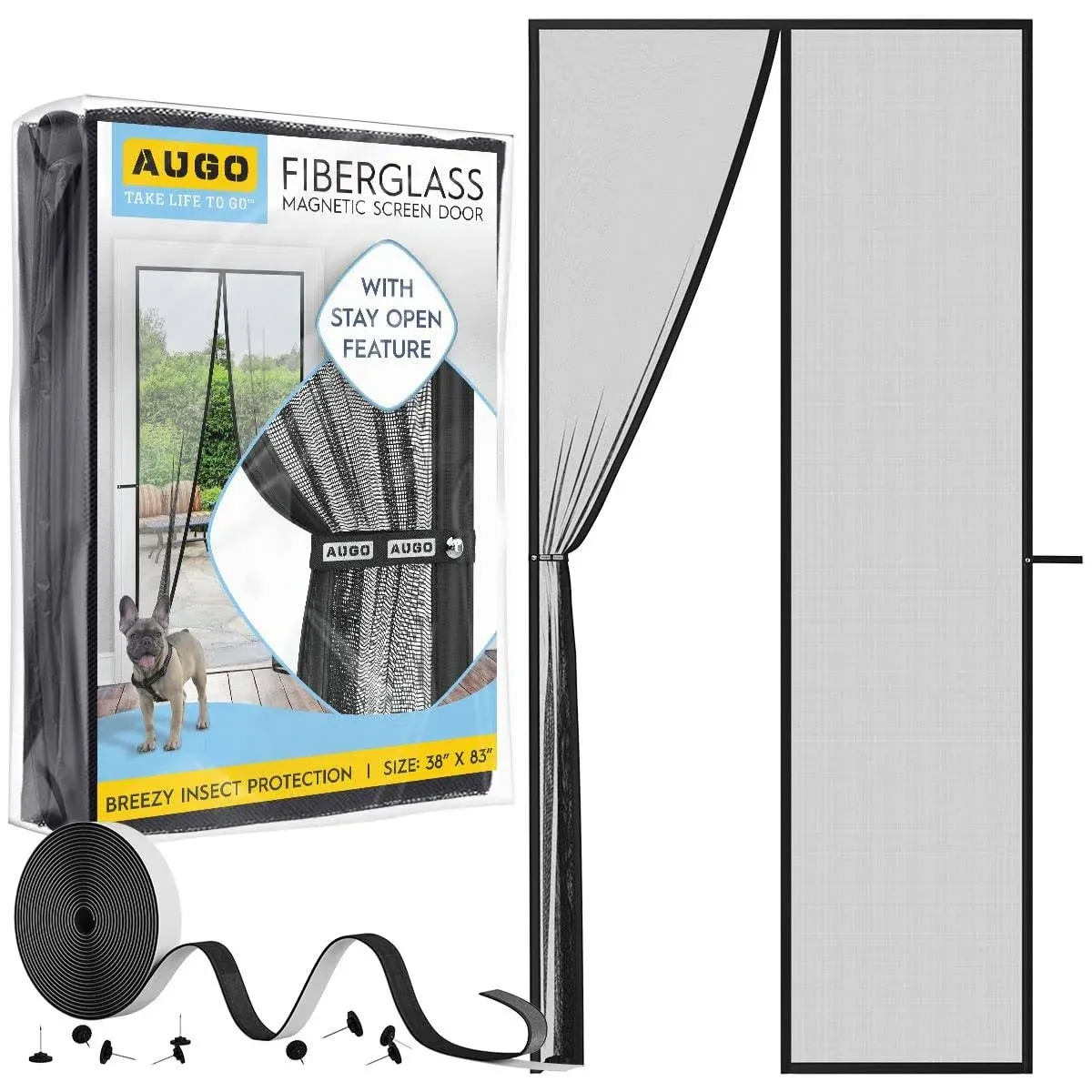 AUGO Magnetic Fiberglass Screen Door - Self Sealing, Heavy Duty, Hands Free Mesh Partition Keeps Bugs Out - Door Screen Magnetic Closure - Patent