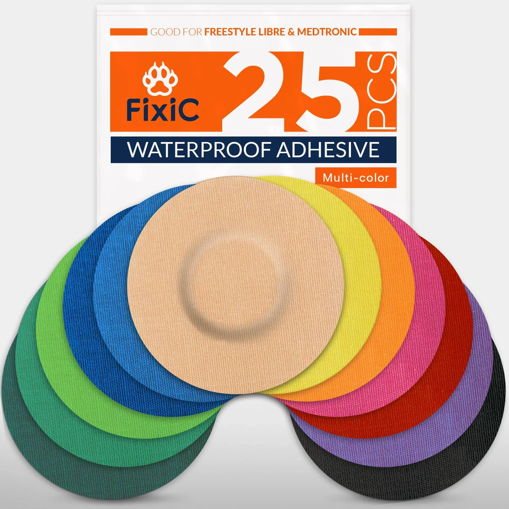 FixiС Sensor Covers 25 Pack 3 1/2" - Perfect Freestyle Adhesive Bandages for Libre 1, 2, 3 - G7 & Stelo - Guardian - Waterproof Adhesive Patches - Pre-Cut - Best Fixation for the Sensor! (Multi-Color)