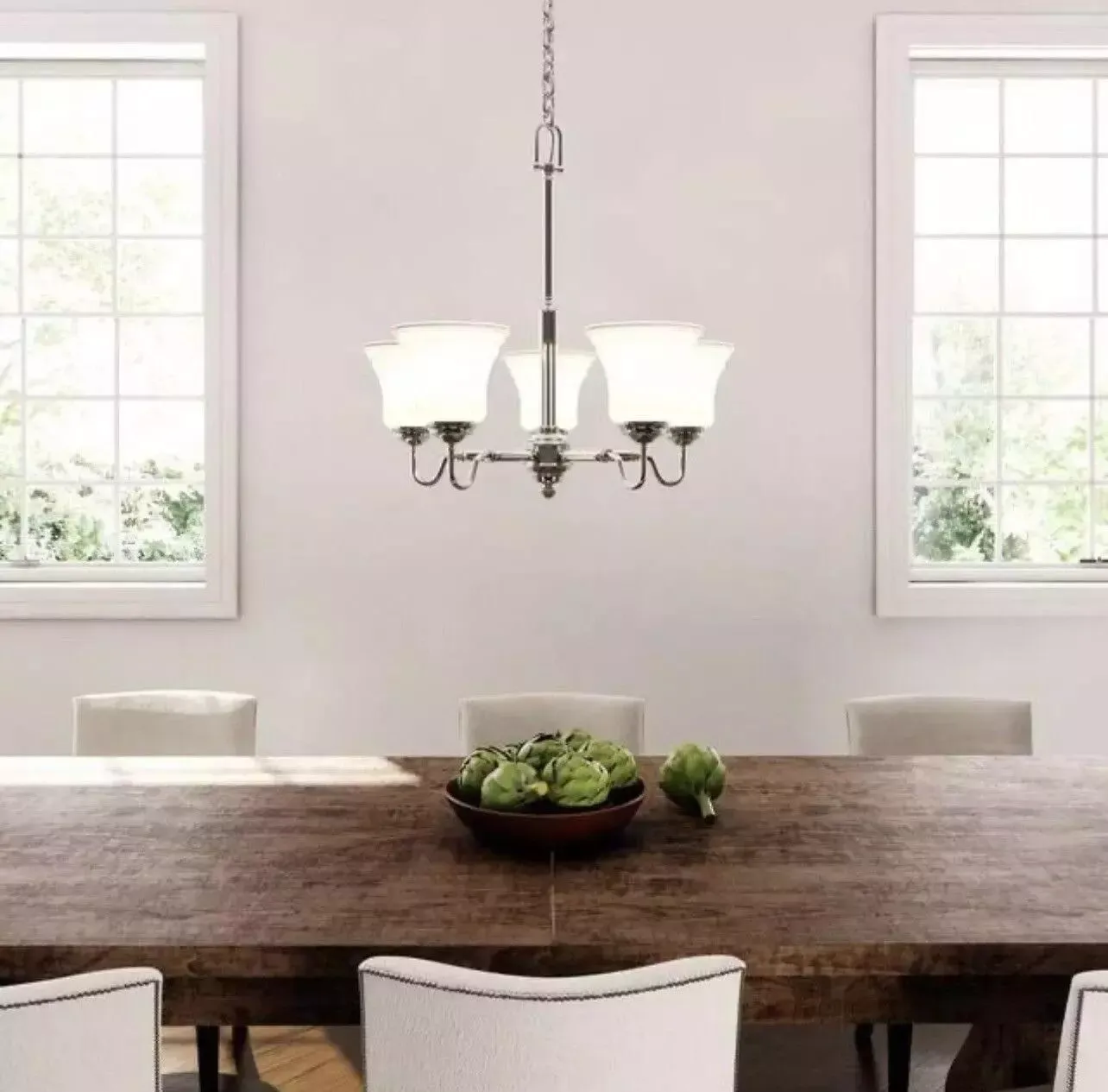 Hampton Bay Creekford 5 Light Brushed Nickel Chandelier wIth Frosted Glass Shade