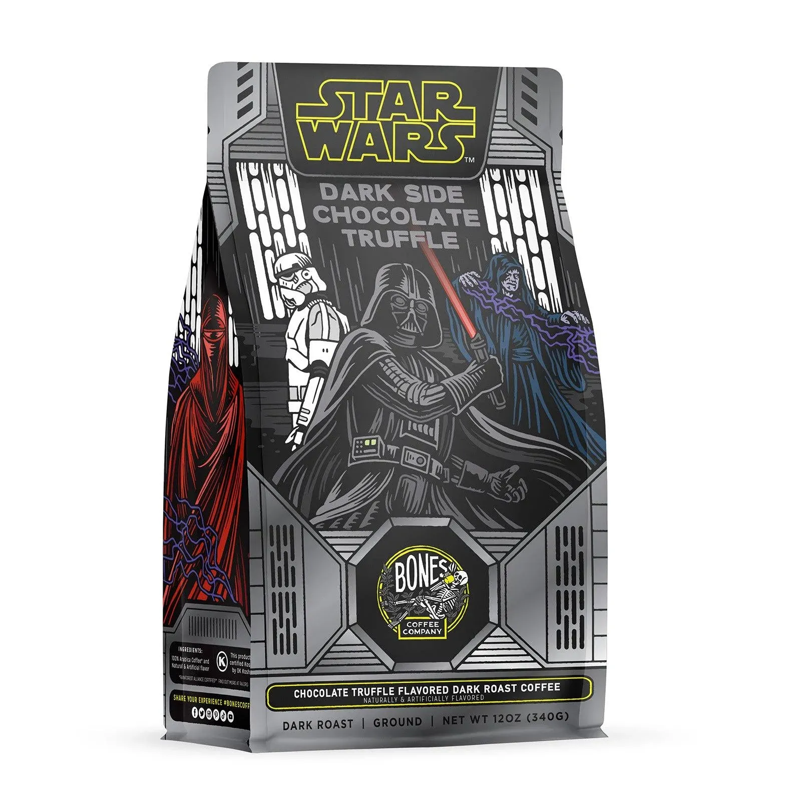 Bones Coffee Company Dark Side Chocolate Truffle Ground Coffee Beans, Chocolate Truffle Flavor, Low Acid Flavored Coffee, Made with Arabica Coffee Beans, Star Wars Inspired Coffee, Dark Roast (12 oz)