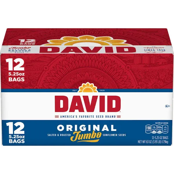 David Seeds Roasted and Salted Original Jumbo Sunflower Seeds Keto Friendly 5.25 oz 12 Pack