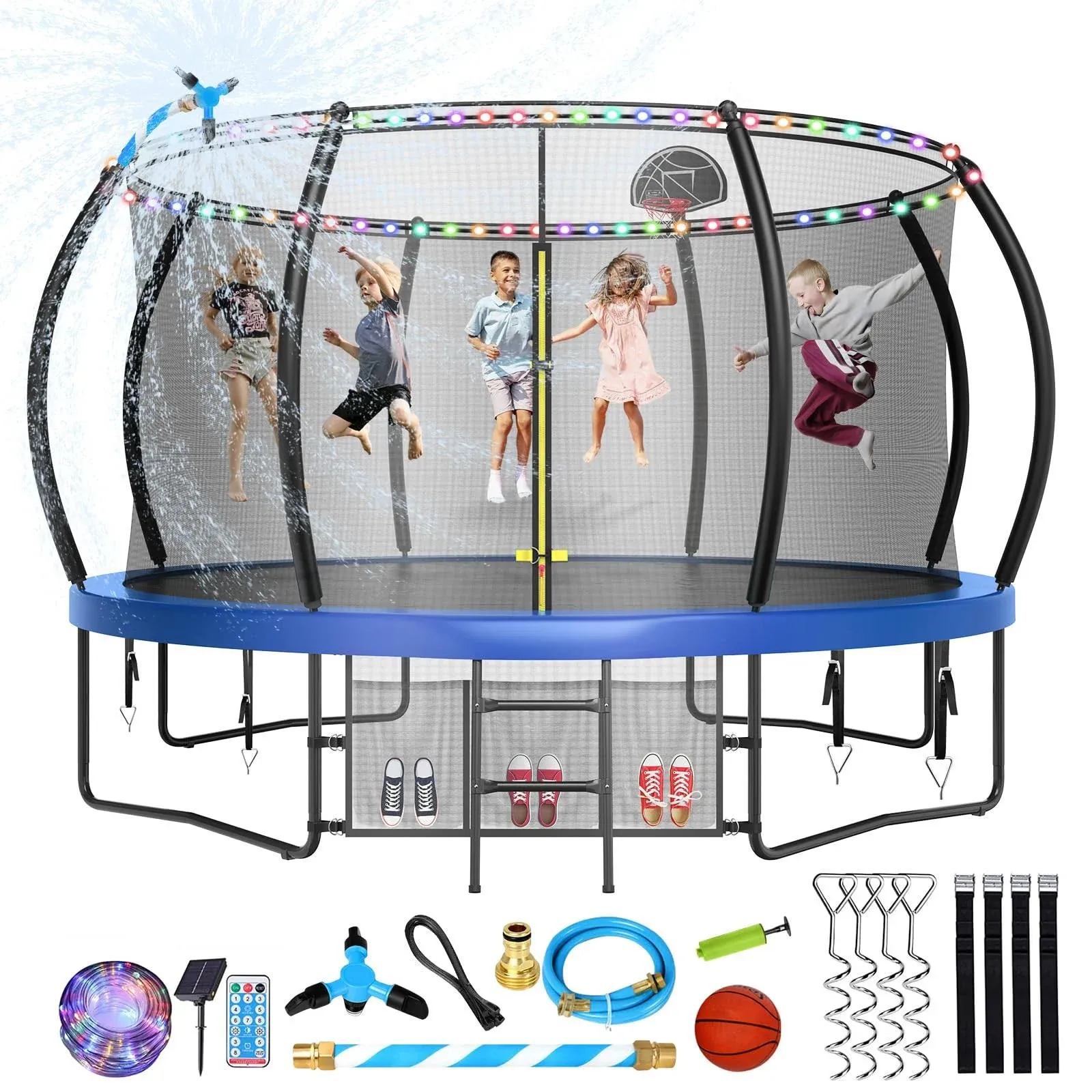 Lyromix Large Outdoor Trampoline with Basketball Hoop, 10 12 14 15 16ft Trampoline with Lights for Kids and Adults, Recreational Trampoline with