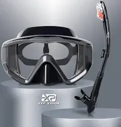 EXP VISION Snorkel Set Pano 3 Window Adult Snorkeling Gear, Professional Anti-Fog Snorkel Diving Mask, Anti-Leak Swim Goggles and Dry Top Snorkel