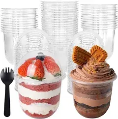 50 Pack 12oz Clear Plastic Cups with Dome Lids and Sporks No Hole Disposable Fruit Cups for Dessert,cupcake,parfait,pudding,iced Cold Drinks,snacks