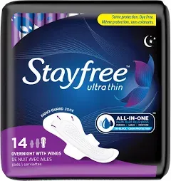 STAYFREE ULTRA THIN OVERNIGHT WITH WINGS 28 PADS THERMO CONTROL DRY COOL MAD.USA