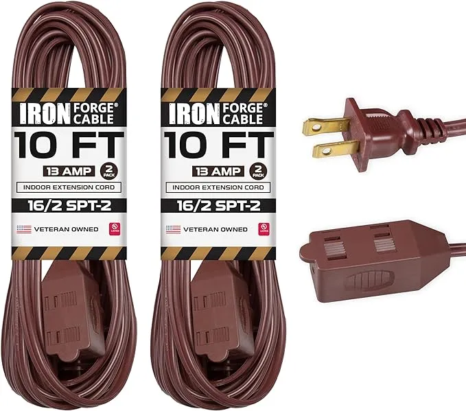 IRON FORGE CABLE 10 Ft Brown Extension Cord 2 Pack - 16/2 Durable Electrical Cable